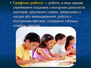  ГГррааффііччнніі ррооббооттии —— ррооббооттии,, вв яяккиихх ззооррооввее 
ссппррииййммаанннняя ппооєєддннааннее зз ммооттооррннооюю ддііяяллььннііссттюю 
шшккоолляярріівв,, ккрреессллеенннняя іі ссххееммии,, ззааммааллььооввккии зз 
ннааттууррии ааббоо ззммааллььооввуувваанннняя,, ррооббооттаа зз 
ккооннттууррннииммии ккааррттааммии,, ссккллааддаанннняя ттааббллииццьь,, 
ггррааффііккіівв,, ддііааггрраамм.. 
 