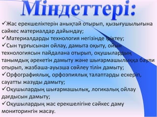 Жас ерекшеліктерін анықтай отырып, қызығушылығына 
сәйкес материалдар дайындау; 
Материалдарды технология негізінде іріктеу; 
Сын тұрғысынан ойлау, дамыта оқыту, ойын 
технологиясын пайдалана отырып, оқушылардың 
танымдық әрекетін дамыту және шығармашылыққа баули 
отырып, жазбаша-ауызша сөйлеу тілін дамыту; 
Орфографиялық, орфоэпиялық талаптарды ескеріп, 
сауатты жазуды дамыту; 
Оқушылардың шығармашылық, логикалық ойлау 
дағдысын дамыту; 
Оқушылардың жас ерекшелігіне сәйкес даму 
мониторингін жасау. 
 