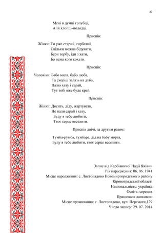 37 
Мені в думці голубці, 
А їй хлопці-молодці. 
Приспів: 
Жінки: Ти уже старий, горбатий, 
Скільки можна бідувати, 
Бери торбу, іди з хати, 
Бо нема кого кохати. 
Приспів: 
Чоловіки: Бабо мила, бабо люба, 
Та скоріш залазь на дуба, 
Палю хату і сарай, 
Тут тобі вже буде край. 
Приспів: 
Жінки: Досить, діду, жартувати, 
Не пали сарай і хату, 
Буду я тебе любити, 
Твоє серце веселити. 
Приспів двічі, за другим разом: 
Тумба-румба, тумбара, дід на бабу морга, 
Буду я тебе любити, твоє серце веселити. 
Запис від Карбівничої Надії Яківни 
Рік народження: 06. 06. 1941 
Місце народження: с. Листопадово Новомиргородського району 
Кіровоградської області 
Національність: українка 
Освіта: середня 
Працювала ланковою 
Місце проживання: с. Листопадово, вул. Перемоги,129 
Число запису: 29. 07. 2014 
 