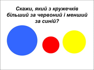 Скажи, який з кружечків 
більший за червоний і менший 
за синій? 
 