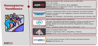 Лидер веб-разработки УФО, основной акцент на SEO (99%) 
штат ~100 человек 
Развивает собственные проекты: 66.ru, rabota66.ru 
Клиенты: крупных не афишируют, мелкие –все подряд от клинингадо местных футбольных клубов 
создание и продвижение сайтов, активно продвигают eye-tracking(usability) 
Развивают собственный проектweb2win.ru, проводят обучающие семинары, привозят спикеров. 
Клиенты: ТРЦ «Карнавал», УралТрансБанк, Уралвнешторгбанк, Palmetta, USIB 
Один из первых разработчиков в Челябинске 
На старте -единственной серьезной компанией, поэтому, до выхода на рынок Челябинска компаний из Екб, успели наработать портфолио, вырастить команду, собрать пул постоянных клиентов. Развиваются в: хостинг, дизайн, смс-сервисы. 
Акцент –разработка сайтов, SEO, директ. Мин.бюджет–3 т.р. 
Акцент на создание сайтов и SEO 
Работают по всей России (УФО + Новосибирск + Москва) 
Клиенты: МСЭИ, Группа компаний «Рост», Уральская Промышленная Компания 
Топ селлеринтернет рекламы в УФО (в основном баннерная реклама) 
Клиенты: Обуховская, н/д. 
Конкуренты Челябинск  