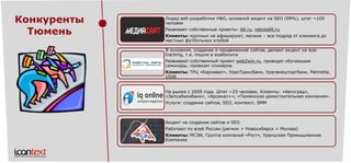 Лидер веб-разработки УФО, основной акцент на SEO (99%), штат ~100 человек 
Развивает собственные проекты: 66.ru, rabota66.ru 
Клиенты: крупных не афишируют, мелкие –все подряд от клинингадо местных футбольных клубов 
В основном, создание и продвижение сайтов, делают акцент на eye- tracking, т.е. пошли в юзабилити 
Развивают собственный проектweb2win.ru, проводят обучающие семинары, привозят спикеров. 
Клиенты: ТРЦ «Карнавал», УралТрансБанк, Уралвнешторгбанк, Palmetta, USIB 
На рынке с 2009 года. Штат ~25 человек. Клиенты: «Автоград», «Запсибкомбанк», «Арсенал+», «Тюменская домостоительнаякомпания». 
Услуги: создание сайтов, SEO, контекст, SMM 
Акцент на создание сайтов и SEO 
Работают по всей России (регион + Новосибирск + Москва) 
Клиенты: МСЭИ, Группа компаний «Рост», Уральская Промышленная Компания 
Конкуренты Тюмень  