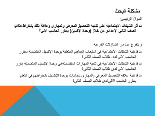مشكلة البحث 
السؤال الرئيسى: 
ما أثر الشبكات الجتماعية على تنمية التحصيل المعرفي والمهارى وعلقة ذلك بانخراط طلب 
الصف الثاني العدادي من خلل  (وحدة الكسيل) بمقرر الحاسب اللي؟ 
و يتفرع عدد من التساؤلت الفرعية: 
ما فاعلية الشبكات الجتماعية في استيعاب  المفاهيم المتعلقة بوحدة الكسيل المتضمنة بمقرر 
الحاسب اللي لدى طلب  الصف الثاني؟ 
ما فاعلية الشبكات الجتماعية في تنمية المهارات المتضمنة في وحدة الكسيل المتضمنة مقرر 
الحاسب اللي لدى طلب  الصف الثاني؟ 
ما فاعلية علقة التحصيل المعرفي والمهارى للطالبات بوحدة الكسيل بانخراطهم في التعلم 
بمقرر الحاسب اللي لدى طلب  الصف الثاني؟ 
 
