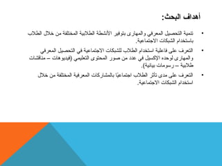أهداف البحث: 
• تنمية التحصيل المعرفي والمهارى بتوفير النشطة الطلبية المختلفة من خلل الطلب  
باستخدام الشبكات الجتماعية. 
• التعرف على فاعلية استخدام الطلب  للشبكات الجتماعية في التحصيل المعرفي 
والمهارى لوحده الكسيل في عدد من صور المحتوى التعليمي (فيديوهات – مناقشات 
طلبية – رسومات بيانية). 
• التعرف على مدى تأثر الطلب  اجتماعيًاا بالمشاركات المعرفية المختلفة من خلل 
استخدام الشبكات الجتماعية. 
 