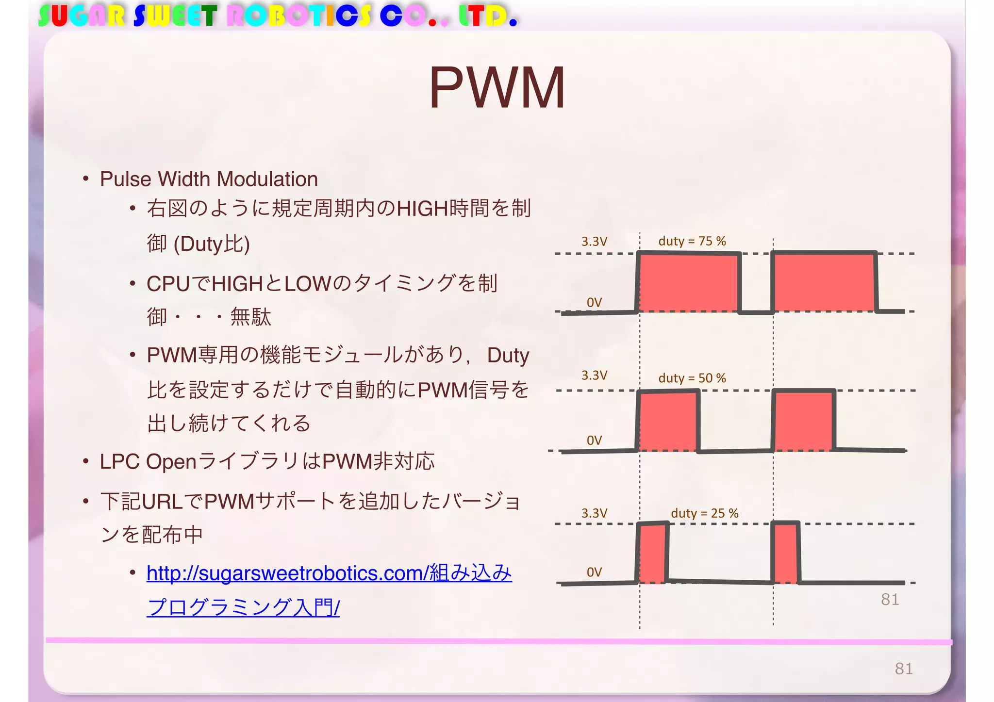 SUGAR SWEET ROBOTICS CO., LTD. 
PWM 
• Pulse Width Modulation 
• 右図のように規定周期内のHIGH時間を制 
御 (Duty比) 
• CPUでHIGHとLOWのタイミングを制 
御・・・無駄 
• PWM専用の機能モジュールがあり，Duty 
比を設定するだけで自動的にPWM信号を 
出し続けてくれる 
• LPC OpenライブラリはPWM非対応 
• 下記URLでPWMサポートを追加したバージョ 
ンを配布中 
• http://sugarsweetrobotics.com/組み込み 
プログラミング入門/ 
81 
81 
3.3V 
0V 
3.3V 
0V 
3.3V 
0V 
duty 
= 
75 
% 
duty 
= 
50 
% 
duty 
= 
25 
% 
 