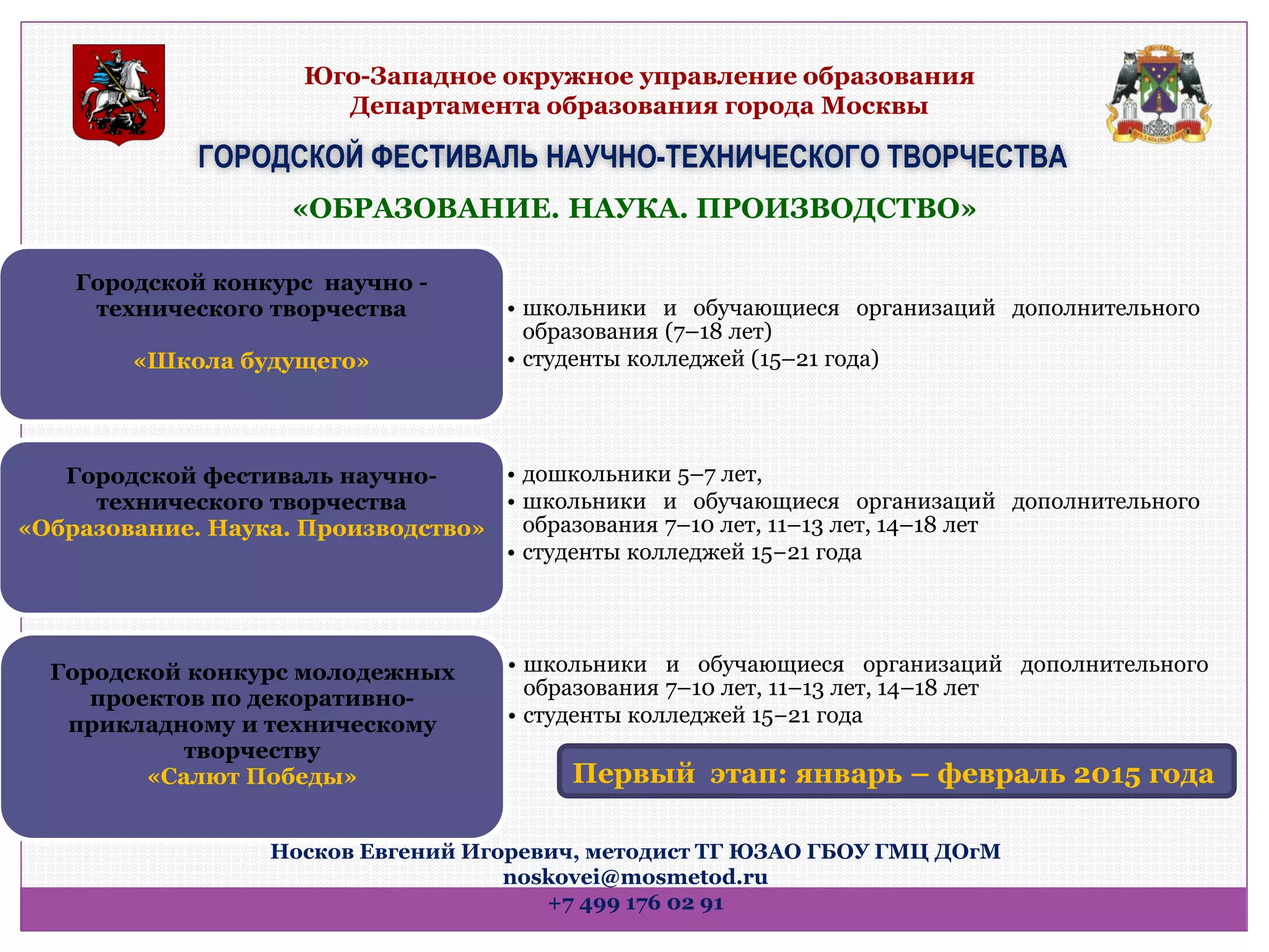 Юго-Западное окружное управление образования Департамента образования города Москвы 
ГОРОДСКОЙ ФЕСТИВАЛЬ НАУЧНО-ТЕХНИЧЕСКОГО ТВОРЧЕСТВА 
«ОБРАЗОВАНИЕ. НАУКА. ПРОИЗВОДСТВО» 
•школьники и обучающиеся организаций дополнительного образования (7–18 лет) 
•студенты колледжей (15–21 года) 
Городской конкурс научно - технического творчества «Школа будущего» 
•дошкольники 5–7 лет, 
•школьники и обучающиеся организаций дополнительного образования 7–10 лет, 11–13 лет, 14–18 лет 
•студенты колледжей 15−21 года 
Городской фестиваль научно- технического творчества «Образование. Наука. Производство» 
•школьники и обучающиеся организаций дополнительного образования 7–10 лет, 11–13 лет, 14–18 лет 
•студенты колледжей 15−21 года 
Городской конкурс молодежных проектов по декоративно- прикладному и техническому творчеству «Салют Победы» 
Носков Евгений Игоревич, методист ТГ ЮЗАО ГБОУ ГМЦ ДОгМ noskovei@mosmetod.ru +7 499 176 02 91 
Первый этап: январь – февраль 2015 года  