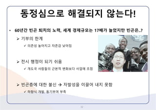 동정심으로해결되지않는다! 
32 
•60년간빈곤퇴치의노력, 세계경제규모는17배가늘었지만빈곤은..? 
기부의한계 
의존성높아지고자존감낮아짐 
전시행정이되기쉬움 
개도국사람들의근본적변화보다사업에초점 
빈곤층에대한불신자발성을이끌어내지못함 
하향식개발, 동기부여부족  