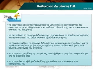 Καθήκοντα Διευθυντή Σ.Μ.
• να ερευνήσει και να προγραμματίσει τις μελλοντικές δραστηριότητες του
σχολείου, ώστε να οδηγούν στην κατεύθυνση υλοποίησης των αντικειμενικών
σκοπών του ιδρύματος
• να συγκαλέσει το σύλλογο διδασκόντων, προκειμένου να ληφθούν αποφάσεις
για την κατανομή του διδακτικού και εξωδιδακτικού έργου
• να ξανασυγκαλέσει το σύλλογο διδασκόντων μετά από μερικές ημέρες, για να
ληφθούν αποφάσεις με βάση τις εισηγήσεις των εκπαιδευτικών για γενικά
θέματα λειτουργίας του σχολείου
• να καταρτίσει, με βάση τις αποφάσεις που λήφθηκαν, μνημόνιο ενεργειών για
όλο το διδακτικό έτος
• να καταρτίζει, σε εβδομαδιαία βάση, χρονοδιάγραμμα άσκησης των
καθηκόντων του
Νοέμβριος 2014 Πανταζή Αφροδίτη 14
Σαΐτης, 2008
 