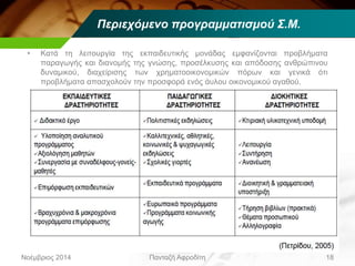 18Πανταζή ΑφροδίτηΝοέμβριος 2014
• Κατά τη λειτουργία της εκπαιδευτικής μονάδας εμφανίζονται προβλήματα
παραγωγής και διανομής της γνώσης, προσέλκυσης και απόδοσης ανθρώπινου
δυναμικού, διαχείρισης των χρηματοοικονομικών πόρων και γενικά ότι
προβλήματα απασχολούν την προσφορά ενός άυλου οικονομικού αγαθού.
Περιεχόμενο προγραμματισμού Σ.Μ.
 