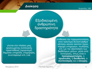 Διοίκηση
Εξειδικευμένη
ανθρώπινη
δραστηριότητα
γίνεται στο πλαίσιο μιας
οργανωμένης συλλογικής
προσπάθειας (οργανισμό,
δημόσια υπηρεσία, επιχείρηση,
συνεταιρισμό κτλ.) και
επιδιώκει την πραγματοποίηση,
στον καλύτερο δυνατό βαθμό
κάποιου κοινού σκοπού (έργο,
παροχή υπηρεσιών, πωλήσεις
κτλ.) με την αξιοποίηση των
διαθέσιμων μέσων, μέσα από
λειτουργίες, όπως είναι ο
προγραμματισμός, η
οργάνωση, η διεύθυνση, ο
συντονισμός και ο έλεγχος.
Νοέμβριος 2014 Πανταζή Αφροδίτη 5
Θεοφανίδης, 1985
 