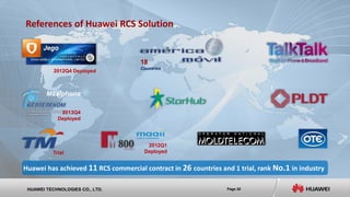 Page 20HUAWEI TECHNOLOGIES CO., LTD.
References of Huawei RCS Solution
Trial
18
Countries
Jego
2012Q4 Deployed
2012Q1
Deployed
Huawei has achieved 11 RCS commercial contract in 26 countries and 1 trial, rank No.1 in industry
Maxiphone
2013Q4
Deployed
 