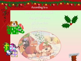 According to a
survey, 7 out of 10 British
dogs get Christmas
gifts from their
loving owners.
 