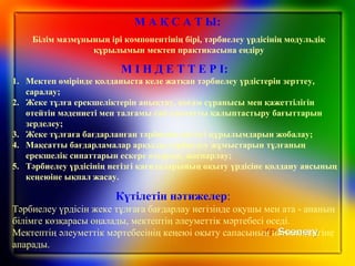 М І Н Д Е Т Т Е Р І:
1. Мектеп өмірінде қолданыста келе жатқан тәрбиелеу үрдістерін зерттеу,
саралау;
2. Жеке тұлға ерекшеліктерін анықтау, қоғам сұранысы мен қажеттілігін
өтейтін мәдениеті мен талғамы сай азаматты қалыптастыру бағыттарын
зерделеу;
3. Жеке тұлғаға бағдарланған тәрбиенің негізгі құрылымдарын жобалау;
4. Мақсатты бағдарламалар арқылы тәрбиелеу жұмыстарын тұлғаның
ерекшелік сипаттарын ескере отырып, жоспарлау;
5. Тәрбиелеу үрдісінің негізгі қағидаларының оқыту үрдісіне қолдану аясының
кеңеюіне ықпал жасау.
М А Қ С А Т Ы:
Білім мазмұнының ірі компонентінің бірі, тәрбиелеу үрдісінің модульдік
құрылымын мектеп практикасына ендіру
Күтiлетiн нәтижелер:
Тәрбиелеу үрдісін жеке тұлғаға бағдарлау негізінде оқушы мен ата - ананың
білімге көзқарасы оңалады, мектептің әлеуметтік мәртебесі өседі.
Мектептің әлеуметтік мәртебесінің кеңеюі оқыту сапасының нәтижелілігіне
апарады.
 