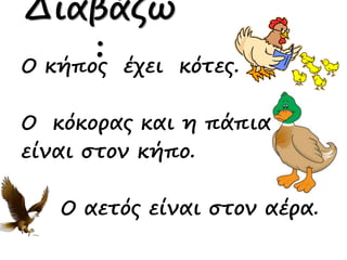 Διαβάζω
:Ο κήπος έχει κότες.
Ο κόκορας και η πάπια
είναι στον κήπο.
Ο αετός είναι στον αέρα.
 
