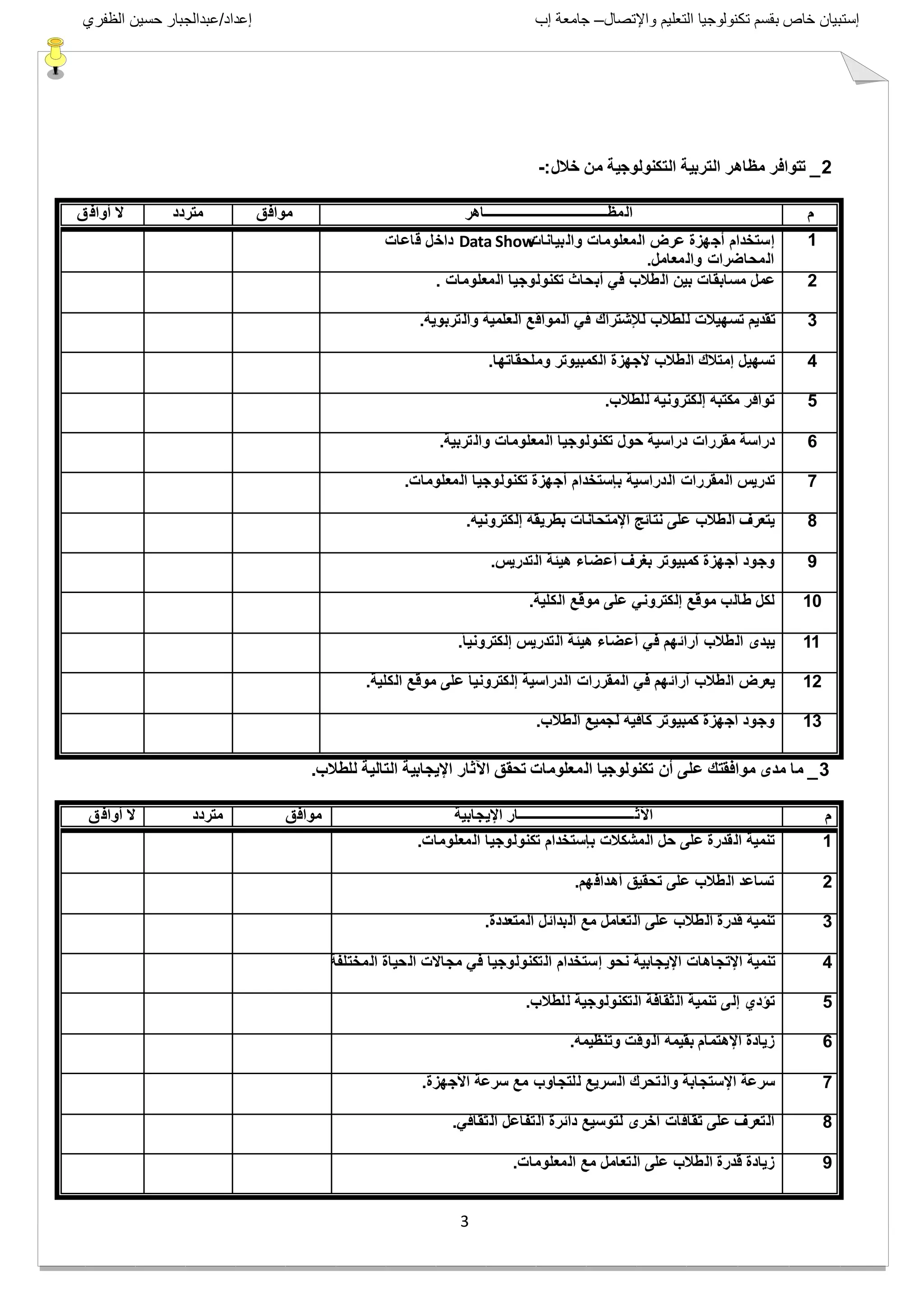 ‫واإلتصال‬ ‫التعليم‬ ‫تكنولوجيا‬ ‫بقسم‬ ‫خاص‬ ‫إستبيان‬–‫إب‬ ‫جامعة‬‫إعداد‬/‫الظفري‬ ‫حسين‬ ‫عبدالجبار‬
3
2_‫خالل‬ ‫من‬ ‫التكنولوجٌة‬ ‫التربٌة‬ ‫مظاهر‬ ‫تتوافر‬-:
‫م‬‫المظـــــــــــــــــــــــــــــــــــاهر‬‫موافق‬‫متردد‬‫ق‬‫أواف‬ ‫ال‬
1‫بٌانات‬‫وال‬ ‫المعلومات‬ ‫عرض‬ ‫أجهزة‬ ‫إستخدام‬Data Show‫قاعات‬ ‫داخل‬
‫والمعامل‬ ‫المحاضرات‬.
2‫المعلومات‬ ‫تكنولوجٌا‬ ‫أبحاث‬ ً‫ف‬ ‫الطالب‬ ‫بٌن‬ ‫مسابقات‬ ‫عمل‬.
3‫تربوٌة‬‫وال‬ ‫العلمٌة‬ ‫المواقع‬ ً‫ف‬ ‫لإلشتراك‬ ‫للطالب‬ ‫تسهٌالت‬ ‫تقدٌم‬.
4‫وملحقاتها‬ ‫الكمبٌوتر‬ ‫ألجهزة‬ ‫الطالب‬ ‫إمتالك‬ ‫تسهٌل‬.
5‫للطالب‬ ‫إلكترونٌة‬ ‫مكتبة‬ ‫توافر‬.
6‫تربٌة‬‫وال‬ ‫المعلومات‬ ‫تكنولوجٌا‬ ‫حول‬ ‫دراسٌة‬ ‫مقررات‬ ‫دراسة‬.
7‫المعلومات‬ ‫تكنولوجٌا‬ ‫أجهزة‬ ‫بإستخدام‬ ‫الدراسٌة‬ ‫المقررات‬ ‫تدرٌس‬.
8‫إلكترونٌة‬ ‫بطرٌقة‬ ‫اإلمتحانات‬ ‫نتائج‬ ‫على‬ ‫الطالب‬ ‫ٌتعرف‬.
9‫التدرٌس‬ ‫هٌئة‬ ‫أعضاء‬ ‫بغرف‬ ‫كمبٌوتر‬ ‫أجهزة‬ ‫وجود‬.
10‫الكلٌة‬ ‫موقع‬ ‫على‬ ً‫إلكترون‬ ‫موقع‬ ‫طالب‬ ‫لكل‬.
11ً‫ا‬ٌ‫إلكترون‬ ‫التدرٌس‬ ‫هٌئة‬ ‫أعضاء‬ ً‫ف‬ ‫آرائهم‬ ‫الطالب‬ ‫ٌبدى‬.
12‫الكلٌة‬ ‫موقع‬ ‫على‬ ً‫ا‬ٌ‫إلكترون‬ ‫الدراسٌة‬ ‫المقررات‬ ً‫ف‬ ‫آرائهم‬ ‫الطالب‬ ‫ٌعرض‬.
13‫الطالب‬ ‫لجمٌع‬ ‫كافٌة‬ ‫كمبٌوتر‬ ‫أجهزة‬ ‫وجود‬.
3_‫للطالب‬ ‫التالٌة‬ ‫اإلٌجابٌة‬ ‫اآلثار‬ ‫تحقق‬ ‫المعلومات‬ ‫تكنولوجٌا‬ ‫أن‬ ‫على‬ ‫موافقتك‬ ‫مدى‬ ‫ما‬.
‫م‬‫اإلٌجابٌة‬ ‫اآلثـــــــــــــــــــــــــــــــــار‬‫موافق‬‫متردد‬‫ق‬‫أواف‬ ‫ال‬
1‫المعلومات‬ ‫تكنولوجٌا‬ ‫بإستخدام‬ ‫المشكالت‬ ‫حل‬ ‫على‬ ‫القدرة‬ ‫تنمٌة‬.
2‫أهدافهم‬ ‫تحقٌق‬ ‫على‬ ‫الطالب‬ ‫تساعد‬.
3‫المتعددة‬ ‫البدائل‬ ‫مع‬ ‫التعامل‬ ‫على‬ ‫الطالب‬ ‫قدرة‬ ‫تنمٌة‬.
4‫المختلفة‬ ‫الحٌاة‬ ‫مجاالت‬ ً‫ف‬ ‫التكنولوجٌا‬ ‫إستخدام‬ ‫نحو‬ ‫اإلٌجابٌة‬ ‫اإلتجاهات‬ ‫تنمٌة‬.
5‫للطالب‬ ‫التكنولوجٌة‬ ‫الثقافة‬ ‫تنمٌة‬ ‫إلى‬ ‫تؤدي‬.
6‫وتنظٌمة‬ ‫وقت‬‫ال‬ ‫بقٌمة‬ ‫اإلهتمام‬ ‫زٌادة‬.
7‫األجهزة‬ ‫سرعة‬ ‫مع‬ ‫للتجاوب‬ ‫السرٌع‬ ‫تحرك‬‫وال‬ ‫اإلستجابة‬ ‫سرعة‬.
8ً‫الثقاف‬ ‫التفاعل‬ ‫دائرة‬ ‫لتوسٌع‬ ‫آخرى‬ ‫ثقافات‬ ‫على‬ ‫التعرف‬.
9‫المعلومات‬ ‫مع‬ ‫التعامل‬ ‫على‬ ‫الطالب‬ ‫قدرة‬ ‫زٌادة‬.
 