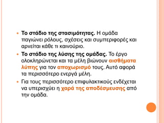  Το στάδιο της στασιμότητας. Η ομάδα
παγιώνει ρόλους, σχέσεις και συμπεριφορές και
αρνείται κάθε τι καινούριο.
 Το στάδιο της λύσης της ομάδας. Το έργο
ολοκληρώνεται και τα μέλη βιώνουν αισθήματα
λύπης για τον αποχωρισμό τους. Αυτό αφορά
τα περισσότερο ενεργά μέλη.
 Για τους περισσότερο επιφυλακτικούς ενδέχεται
να υπερισχύει η χαρά της αποδέσμευσης από
την ομάδα.
 