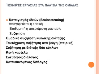 TΕΧΝΙΚΈΣ ΕΡΓΑΣΊΑΣ ΣΤΑ ΠΛΑΊΣΙΑ ΤΗΣ ΟΜΆΔΑΣ
 Kαταιγισμός ιδεών (Brainstorming)
Απαγορεύεται η κριτική
Επιθυμητή η απεριόριστη φαντασία
Συζήτηση
Ομαδική συζήτηση κυκλικής διάταξης
Ταυτόχρονη συζήτηση ανά ζεύγη (εταιρική)
Συζήτηση με διάταξη δύο κύκλων
Κενή καρέκλα
Ελεύθερος διάλογος
Κατευθυνόμενος διάλογος
 