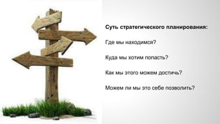 Суть стратегического планирования:
Где мы находимся?
Куда мы хотим попасть?
Как мы этого можем достичь?
Можем ли мы это себе позволить?
 