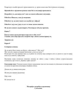 Разврстајте следеће предлоге према важности, тј. према ономе како бисте решили ситуацију.
Пронаћи ћете заједничко решење како би се ситуација превазишла.
Изгрдићете га „на пасја уста“ тако да схвати озбиљност ситуације.
Рећи ћете Николи у чему је погрешио.
Рећи ћете му да само чекате да следећи пут забрља!
Рећи ћете да је све у реду и да се то може десити свакоме.
Не желите уопште да разговарате. Разговор је губљење времена.
Корак 7
Како је свака група рангирала предлоге и због чега?
Ученице лепе своје предлоге на флип-чарт табли и коментаришу их.
Завршни део
Корак 8
Сумирање утисака.
Да ли вам је било тешко да обујете „туђе ципеле“? Због чега?
Због чега је у свакој ситуацији неопходно „стати на лопту“?
Излистајте ми сада емоције које су се јавиле на почетку када сазнајете шта се десило и сада на крају
када сте се нашли у туђој кожи.
Наставник може излистати ученичке емоције на табли у виду т-табеле (табела супротстављених
елемената), пре и после „обувања туђих ципела“.
Евалуација часа: Ученици износе утиске о радионици тако што на изласку из учионице на папиру који
се налази на вратима штиклирају понуђене утиске.
Допада ми се овакав начин рада
Желим још оваквих радионица
Није лоше
Не допада ми се
Материјал потребан за радионицу
Слагалица
 