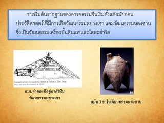 การเริ่มต้นรากฐานของอารยธรรมจีนเริ่มตั้งแต่สมัยก่อน
ประวัติศาสตร์ ที่มีการเกิดวัฒนธรรมหยางเชา และวัฒนธรรมหลงซาน
ซึ่งเป็นวัฒนธรรมเครื่องปั้นดินเผาและโลหะสาริด
แบบจำลองที่อยู่อำศัยใน
วัฒนธรรมหยำงเชำ
หม้อ 3 ขำในวัฒนธรรมหลงซำน
 