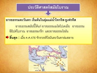 ประวัติศำสตร์สมัยโบรำณ
อำรยธรรมตะวันตก เริ่มต้นในลุ่มแม่น้ำไทกริส-ยูเฟรทีส
อารยธรรมสมัยนี้ได้แก่ อารยธรรมเมโสโปเตเมีย อารยธรรม
อียิปต์โบราณ อารยธรรมกรีก และอารยธรรมโรมัน
สิ้นสุด : เมื่อ ค.ศ.476 จักรวรรดิโรมันตะวันตกล่มสลาย
 