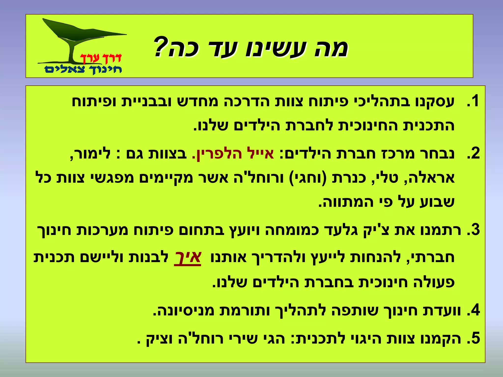 ‫כה‬ ‫עד‬ ‫עשינו‬ ‫מה‬?
.1‫ופיתוח‬ ‫ובבניית‬ ‫מחדש‬ ‫הדרכה‬ ‫צוות‬ ‫פיתוח‬ ‫בתהליכי‬ ‫עסקנו‬
‫שלנו‬ ‫הילדים‬ ‫לחברת‬ ‫החינוכית‬ ‫התכנית‬.
.2‫הילדים‬ ‫חברת‬ ‫מרכז‬ ‫נבחר‬:‫הלפרין‬ ‫אייל‬.‫גם‬ ‫בצוות‬:‫לימור‬,
‫אראלה‬,‫טלי‬,‫כנרת‬(‫וחגי‬)‫ורוחל‬'‫כל‬ ‫צוות‬ ‫מפגשי‬ ‫מקיימים‬ ‫אשר‬ ‫ה‬
‫המתווה‬ ‫פי‬ ‫על‬ ‫שבוע‬.
3.‫צ‬ ‫את‬ ‫רתמנו‬'‫חינוך‬ ‫מערכות‬ ‫פיתוח‬ ‫בתחום‬ ‫ויועץ‬ ‫כמומחה‬ ‫גלעד‬ ‫יק‬
‫חברתי‬,‫אותנו‬ ‫ולהדריך‬ ‫לייעץ‬ ‫להנחות‬‫איך‬‫תכנית‬ ‫וליישם‬ ‫לבנות‬
‫שלנו‬ ‫הילדים‬ ‫בחברת‬ ‫חינוכית‬ ‫פעולה‬.
4.‫מניסיונה‬ ‫ותורמת‬ ‫לתהליך‬ ‫שותפה‬ ‫חינוך‬ ‫וועדת‬.
5.‫לתכנית‬ ‫היגוי‬ ‫צוות‬ ‫הקמנו‬:‫רוחל‬ ‫שירי‬ ‫הגי‬'‫וציק‬ ‫ה‬.
 