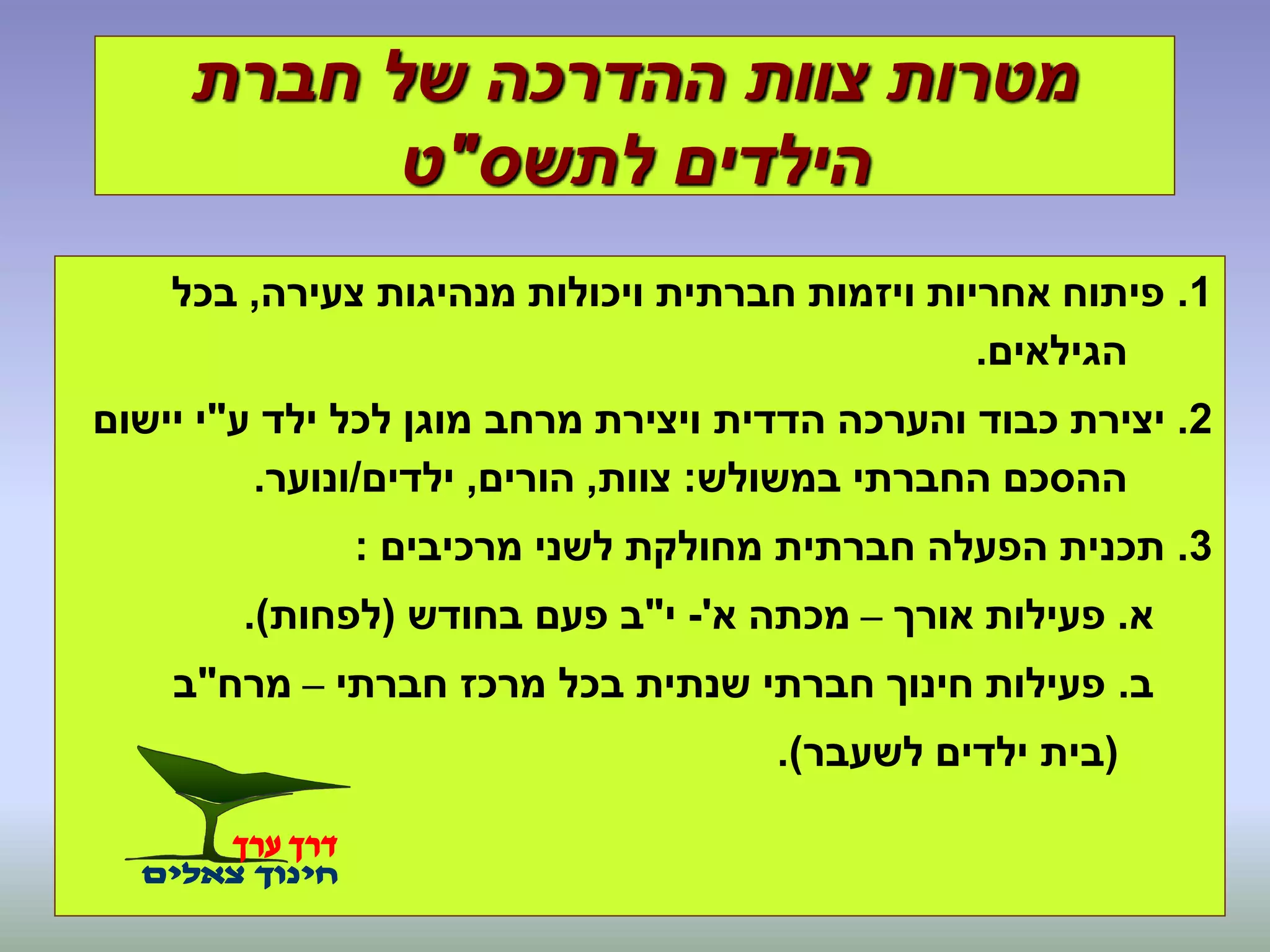 ‫חברת‬ ‫של‬ ‫ההדרכה‬ ‫צוות‬ ‫מטרות‬
‫לתשס‬ ‫הילדים‬"‫ט‬
1.‫צעירה‬ ‫מנהיגות‬ ‫ויכולות‬ ‫חברתית‬ ‫ויזמות‬ ‫אחריות‬ ‫פיתוח‬,‫בכל‬
‫הגילאים‬.
2.‫ע‬ ‫ילד‬ ‫לכל‬ ‫מוגן‬ ‫מרחב‬ ‫ויצירת‬ ‫הדדית‬ ‫והערכה‬ ‫כבוד‬ ‫יצירת‬"‫יישום‬ ‫י‬
‫במשולש‬ ‫החברתי‬ ‫ההסכם‬:‫צוות‬,‫הורים‬,‫ילדים‬/‫ונוער‬.
3.‫מרכיבים‬ ‫לשני‬ ‫מחולקת‬ ‫חברתית‬ ‫הפעלה‬ ‫תכנית‬:
‫א‬.‫אורך‬ ‫פעילות‬–‫א‬ ‫מכתה‬'-‫י‬"‫בחודש‬ ‫פעם‬ ‫ב‬(‫לפחות‬.)
‫ב‬.‫חברתי‬ ‫מרכז‬ ‫בכל‬ ‫שנתית‬ ‫חברתי‬ ‫חינוך‬ ‫פעילות‬–‫מרח‬"‫ב‬
(‫לשעבר‬ ‫ילדים‬ ‫בית‬.)
 