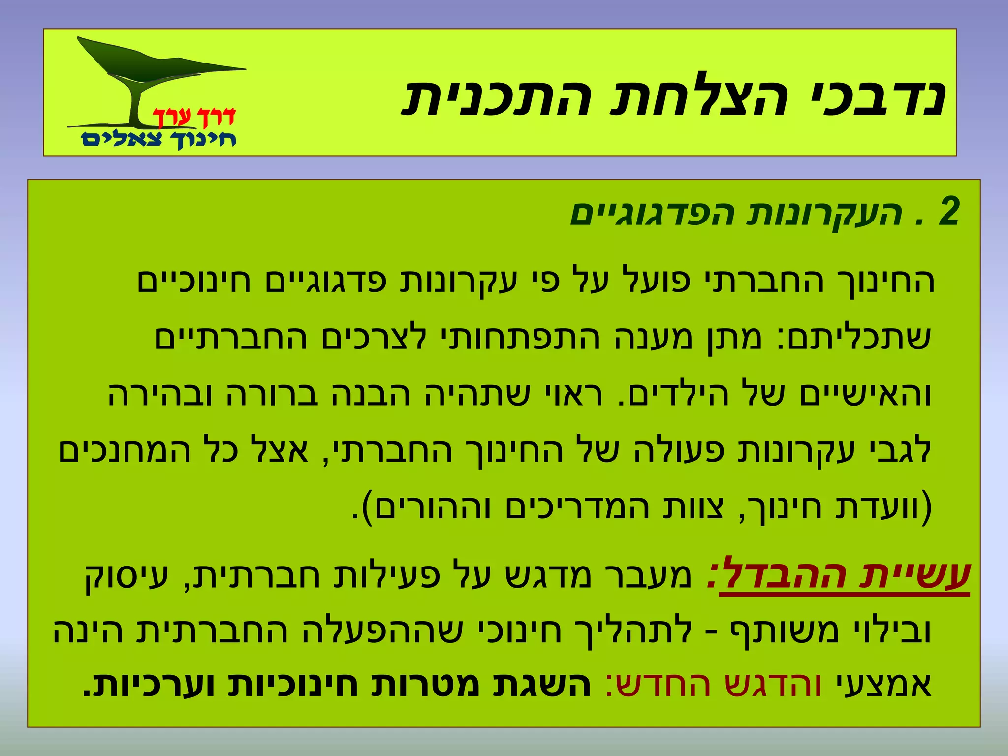 2.‫הפדגוגיים‬ ‫העקרונות‬
‫חינוכיים‬ ‫פדגוגיים‬ ‫עקרונות‬ ‫פי‬ ‫על‬ ‫פועל‬ ‫החברתי‬ ‫החינוך‬
‫שתכליתם‬:‫החברתיים‬ ‫לצרכים‬ ‫התפתחותי‬ ‫מענה‬ ‫מתן‬
‫הילדים‬ ‫של‬ ‫והאישיים‬.‫ובהירה‬ ‫ברורה‬ ‫הבנה‬ ‫שתהיה‬ ‫ראוי‬
‫החברתי‬ ‫החינוך‬ ‫של‬ ‫פעולה‬ ‫עקרונות‬ ‫לגבי‬,‫המחנכים‬ ‫כל‬ ‫אצל‬
(‫חינוך‬ ‫וועדת‬,‫וההורים‬ ‫המדריכים‬ ‫צוות‬.)
‫ההבדל‬ ‫עשיית‬:‫חברתית‬ ‫פעילות‬ ‫על‬ ‫מדגש‬ ‫מעבר‬,‫עיסוק‬
‫משותף‬ ‫ובילוי‬-‫הינה‬ ‫החברתית‬ ‫שההפעלה‬ ‫חינוכי‬ ‫לתהליך‬
‫אמצעי‬‫החדש‬ ‫והדגש‬:‫וערכיות‬ ‫חינוכיות‬ ‫מטרות‬ ‫השגת‬.
‫התכנית‬ ‫הצלחת‬ ‫נדבכי‬
 
