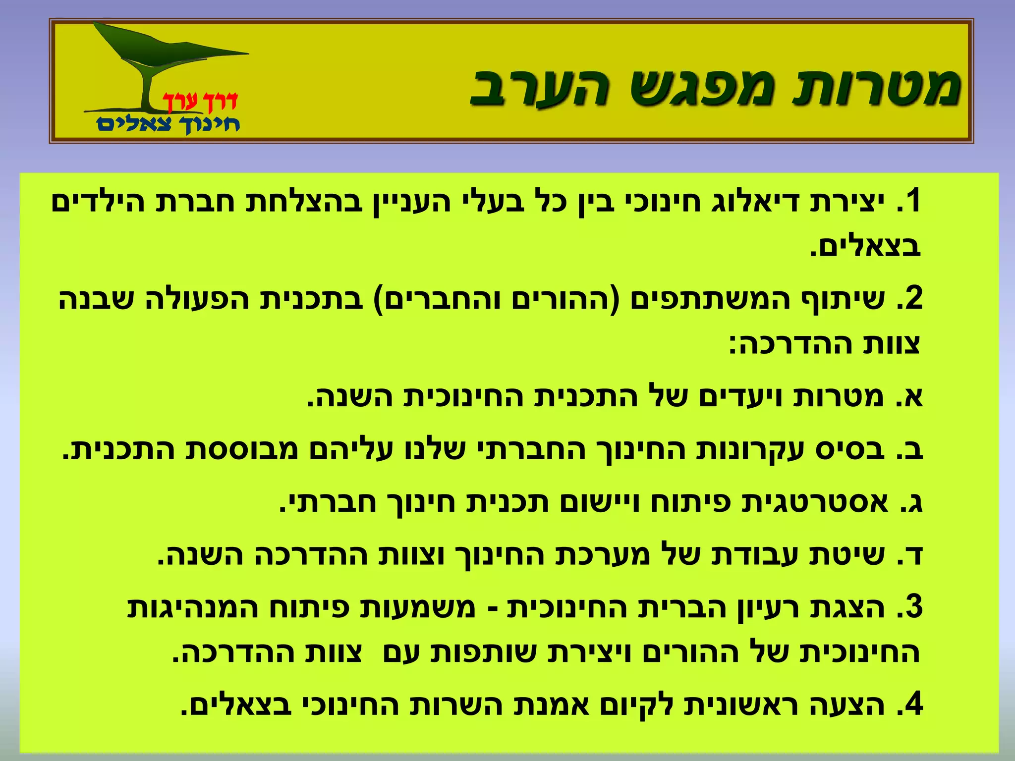 ‫הערב‬ ‫מפגש‬ ‫מטרות‬
1.‫הילדים‬ ‫חברת‬ ‫בהצלחת‬ ‫העניין‬ ‫בעלי‬ ‫כל‬ ‫בין‬ ‫חינוכי‬ ‫דיאלוג‬ ‫יצירת‬
‫בצאלים‬.
2.‫המשתתפים‬ ‫שיתוף‬(‫והחברים‬ ‫ההורים‬)‫שבנה‬ ‫הפעולה‬ ‫בתכנית‬
‫ההדרכה‬ ‫צוות‬:
‫א‬.‫השנה‬ ‫החינוכית‬ ‫התכנית‬ ‫של‬ ‫ויעדים‬ ‫מטרות‬.
‫ב‬.‫התכנית‬ ‫מבוססת‬ ‫עליהם‬ ‫שלנו‬ ‫החברתי‬ ‫החינוך‬ ‫עקרונות‬ ‫בסיס‬.
‫ג‬.‫חברתי‬ ‫חינוך‬ ‫תכנית‬ ‫ויישום‬ ‫פיתוח‬ ‫אסטרטגית‬.
‫ד‬.‫השנה‬ ‫ההדרכה‬ ‫וצוות‬ ‫החינוך‬ ‫מערכת‬ ‫של‬ ‫עבודת‬ ‫שיטת‬.
3.‫החינוכית‬ ‫הברית‬ ‫רעיון‬ ‫הצגת‬-‫המנהיגות‬ ‫פיתוח‬ ‫משמעות‬
‫ההדרכה‬ ‫צוות‬ ‫עם‬ ‫שותפות‬ ‫ויצירת‬ ‫ההורים‬ ‫של‬ ‫החינוכית‬.
4.‫בצאלים‬ ‫החינוכי‬ ‫השרות‬ ‫אמנת‬ ‫לקיום‬ ‫ראשונית‬ ‫הצעה‬.
 