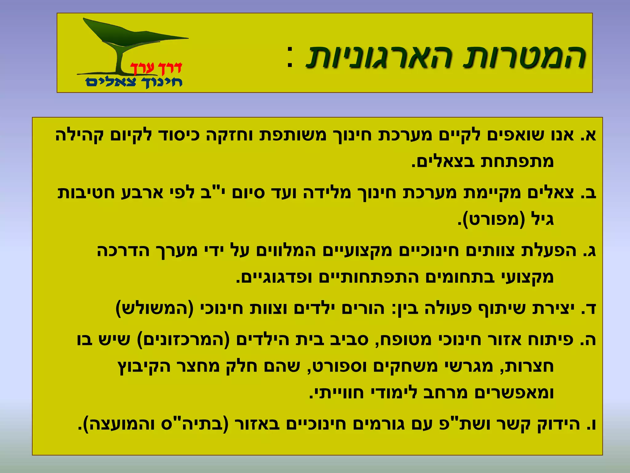 ‫הארגוניות‬ ‫המטרות‬:
‫א‬.‫קהילה‬ ‫לקיום‬ ‫כיסוד‬ ‫וחזקה‬ ‫משותפת‬ ‫חינוך‬ ‫מערכת‬ ‫לקיים‬ ‫שואפים‬ ‫אנו‬
‫בצאלים‬ ‫מתפתחת‬.
‫ב‬.‫י‬ ‫סיום‬ ‫ועד‬ ‫מלידה‬ ‫חינוך‬ ‫מערכת‬ ‫מקיימת‬ ‫צאלים‬"‫חטיבות‬ ‫ארבע‬ ‫לפי‬ ‫ב‬
‫גיל‬(‫מפורט‬.)
‫ג‬.‫הדרכה‬ ‫מערך‬ ‫ידי‬ ‫על‬ ‫המלווים‬ ‫מקצועיים‬ ‫חינוכיים‬ ‫צוותים‬ ‫הפעלת‬
‫ופדגוגיים‬ ‫התפתחותיים‬ ‫בתחומים‬ ‫מקצועי‬.
‫ד‬.‫בין‬ ‫פעולה‬ ‫שיתוף‬ ‫יצירת‬:‫חינוכי‬ ‫וצוות‬ ‫ילדים‬ ‫הורים‬(‫המשולש‬)
‫ה‬.‫מטופח‬ ‫חינוכי‬ ‫אזור‬ ‫פיתוח‬,‫הילדים‬ ‫בית‬ ‫סביב‬(‫המרכזונים‬)‫בו‬ ‫שיש‬
‫חצרות‬,‫וספורט‬ ‫משחקים‬ ‫מגרשי‬,‫הקיבוץ‬ ‫מחצר‬ ‫חלק‬ ‫שהם‬
‫חווייתי‬ ‫לימודי‬ ‫מרחב‬ ‫ומאפשרים‬.
‫ו‬.‫ושת‬ ‫קשר‬ ‫הידוק‬"‫באזור‬ ‫חינוכיים‬ ‫גורמים‬ ‫עם‬ ‫פ‬(‫בתיה‬"‫והמועצה‬ ‫ס‬.)
 