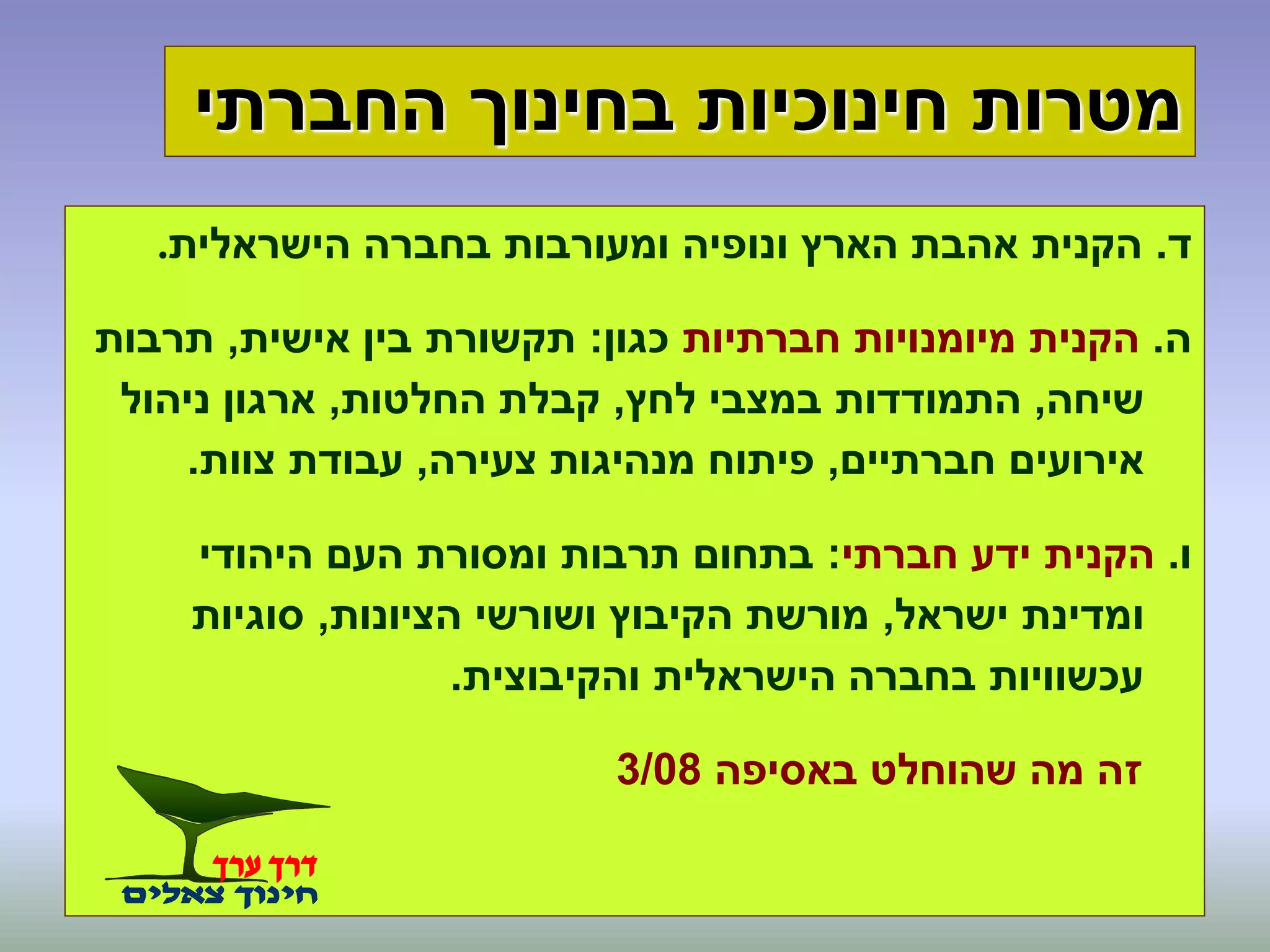 ‫ד‬.‫הישראלית‬ ‫בחברה‬ ‫ומעורבות‬ ‫ונופיה‬ ‫הארץ‬ ‫אהבת‬ ‫הקנית‬.
‫ה‬.‫חברתיות‬ ‫מיומנויות‬ ‫הקנית‬‫כגון‬:‫אישית‬ ‫בין‬ ‫תקשורת‬,‫תרבות‬
‫שיחה‬,‫לחץ‬ ‫במצבי‬ ‫התמודדות‬,‫החלטות‬ ‫קבלת‬,‫ניהול‬ ‫ארגון‬
‫חברתיים‬ ‫אירועים‬,‫צעירה‬ ‫מנהיגות‬ ‫פיתוח‬,‫צוות‬ ‫עבודת‬.
‫ו‬.‫ידע‬ ‫הקנית‬‫חברתי‬:‫היהודי‬ ‫העם‬ ‫ומסורת‬ ‫תרבות‬ ‫בתחום‬
‫ישראל‬ ‫ומדינת‬,‫הציונות‬ ‫ושורשי‬ ‫הקיבוץ‬ ‫מורשת‬,‫סוגיות‬
‫והקיבוצית‬ ‫הישראלית‬ ‫בחברה‬ ‫עכשוויות‬.
‫באסיפה‬ ‫שהוחלט‬ ‫מה‬ ‫זה‬3/08
‫החברתי‬ ‫בחינוך‬ ‫חינוכיות‬ ‫מטרות‬
 