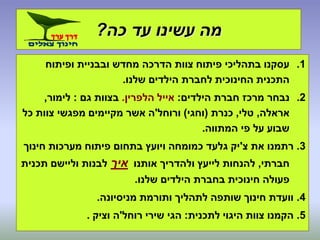 ‫כה‬ ‫עד‬ ‫עשינו‬ ‫מה‬?
.1‫ופיתוח‬ ‫ובבניית‬ ‫מחדש‬ ‫הדרכה‬ ‫צוות‬ ‫פיתוח‬ ‫בתהליכי‬ ‫עסקנו‬
‫שלנו‬ ‫הילדים‬ ‫לחברת‬ ‫החינוכית‬ ‫התכנית‬.
.2‫הילדים‬ ‫חברת‬ ‫מרכז‬ ‫נבחר‬:‫הלפרין‬ ‫אייל‬.‫גם‬ ‫בצוות‬:‫לימור‬,
‫אראלה‬,‫טלי‬,‫כנרת‬(‫וחגי‬)‫ורוחל‬'‫כל‬ ‫צוות‬ ‫מפגשי‬ ‫מקיימים‬ ‫אשר‬ ‫ה‬
‫המתווה‬ ‫פי‬ ‫על‬ ‫שבוע‬.
3.‫צ‬ ‫את‬ ‫רתמנו‬'‫חינוך‬ ‫מערכות‬ ‫פיתוח‬ ‫בתחום‬ ‫ויועץ‬ ‫כמומחה‬ ‫גלעד‬ ‫יק‬
‫חברתי‬,‫אותנו‬ ‫ולהדריך‬ ‫לייעץ‬ ‫להנחות‬‫איך‬‫תכנית‬ ‫וליישם‬ ‫לבנות‬
‫שלנו‬ ‫הילדים‬ ‫בחברת‬ ‫חינוכית‬ ‫פעולה‬.
4.‫מניסיונה‬ ‫ותורמת‬ ‫לתהליך‬ ‫שותפה‬ ‫חינוך‬ ‫וועדת‬.
5.‫לתכנית‬ ‫היגוי‬ ‫צוות‬ ‫הקמנו‬:‫רוחל‬ ‫שירי‬ ‫הגי‬'‫וציק‬ ‫ה‬.
 