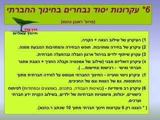 6*‫החברתי‬ ‫בחינוך‬ ‫נבחרים‬ ‫יסוד‬ ‫עקרונות‬
(‫פרופ‬'‫כהנא‬ ‫ראובן‬)
1)‫הנאה‬ ‫שילוב‬ ‫של‬ ‫העיקרון‬+‫הקניה‬.
2)‫ומחויבות‬ ‫בחירה‬ ‫של‬ ‫עיקרון‬.‫ממנה‬ ‫הנובעת‬ ‫והמחויבות‬ ‫הבחירה‬ ‫חופש‬.
3)‫חברתית‬ ‫ובהפעלה‬ ‫הובלה‬ ‫ארגון‬ ‫בניהול‬ ‫ילדים‬ ‫שיתוף‬ ‫עקרון‬.
4)‫מבני‬ ‫דואליזם‬ ‫עיקרון‬(‫החניך‬ ‫וקבלה‬ ‫אמפטיה‬ ‫של‬ ‫שילוב‬+‫אתגר‬ ‫הצבת‬
‫ואישי‬ ‫חברתי‬-‫ונחישות‬ ‫רגישות‬.) ...
(5‫וטעייה‬ ‫ניסוי‬ ‫עיקרון‬-‫מתוך‬ ‫חברתית‬ ‫למידה‬ ‫על‬ ‫מבוסס‬ ‫החברתי‬ ‫החינוך‬
‫ההתנסות‬.‫החניכים‬ ‫של‬ ‫וגם‬ ‫הצוות‬ ‫של‬ ‫גם‬.
6)‫מימדיות‬ ‫רב‬ ‫עיקרון‬-(‫העבודה‬ ‫בשיטות‬,‫בתכנים‬,‫ובמתודות‬ ‫באמצעים‬)‫לפיתוח‬
‫כישורים‬,‫יכולות‬,‫ילדים‬ ‫של‬ ‫חברתיות‬ ‫מיומנויות‬,‫חברתי‬ ‫ידע‬ ‫הקנית‬ ‫בשילוב‬
‫וערכים‬.
* (‫רק‬ ‫הצגנו‬6‫מתוך‬ ‫חברתי‬ ‫חינוך‬ ‫עקרונות‬10‫ר‬ ‫שכתב‬.‫כהנא‬.)
 