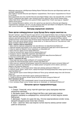 байдлаар харьцуулан тайлбарласан байхад Франк Рейссмэн багшлах арга барилаар хувийн хэв
шинжийг тодорхойлжээ.
Луис Рубин 6 тєрлийн багшлах арга барилыг тодорхойлжээ. /Энэ 6 аргын тодорхойлолтыг Хїснэгт
2.1-д їзїїлэв./
Дээр дурдсанаас єєр олон тєрлийн багшлах арга барил байдаг. Багш нар єєрсдийн бие, сэтгэхїйн
онцлогт тохируулан арга барил, арга техникээ хєгжїїлэх хэрэгтэй. Багш хичээл дээрээ уужуу,
тайван байх ёстой. Хэрэв багш илэн далангїй байж чадахгїй бол тїїнийг оюутнууд нь “хуурамч”
хэмээн хочлох болно.
Анги танхимд бїрэлдсэн нийгэм, сэтгэл зїй, сургалтын уур амьсгал нь багшлах арга барилаа
тодорхойлохыг шаарддаг. Єв тэгш, яв цав тохирсон багшлах арга барил гэж байдаггїй, їїнийг багш
нарт тулган хїлээлгэдэг сургууль, коллеж байх ёсгїй юм.
Багшид зориулсан зєвлєгєє
Заах аргаа сайжруулахын тулд бусад багш нараа ажиглах нь
Багшийг тєрїїлдэг, харин бїтээдэггїй гэдэг ойлголт угтаа алдаатай байна. Багш хїн бусад сайн багш
нарыг ажиглаж судалснаар сурган хїмїїжїїлэх мэдлэг, дадлага туршлагаа хослуулж болдог. Танай
сургууль ажиглаж судлах бодлого явуулдаг бол зєвлєх багш тань туршлагатай багш нартай
тохиролцсоноор та бусад багш нар хичээлээ хэрхэн явуулдагийг харж болох юм. Тэдний ямар арга
барил таны заах аргад нийцэж байгаа, чухам алийг нь та хэрэглэж болох вэ? Энд ажиглалт хийх
явцад анхаарах зарим зїйлийг дурдая.
Багш – оюутны хамтын ажиллагаа:
1. Багш оюутны хэрэгцээ шаардлагыг їнэн зєв ойлгосон гэх ямар баталгаа байна вэ?
2. Ярилцах явцдаа оюутнуудын итгэл хїндэтгэлийг урамшуулах ямар арга тактик хэрэглэх вэ?
3. Оюутны ямар зан байдлыг хїлээн зєвшєєрєх, эс зєвшєєрєх вэ?
4. Багш оюутныг хэрхэн хєтлєн єдєєж байна вэ?
5. Оюутны хэлэлцїїлгийг хэрхэн хєхїїлэн дэмжиж байна вэ?
6. Асуудлыг оюутны ямар байр сууринаас харж байна вэ?
7. Хичээлээ оюутны хувийн онцлогт тохируулан явуулсан ямар баталгаа байна вэ?
8. Оюутнаа хєгжїїлж буйг юугаар харуулж байна вэ?
Сургах – суралцах їйл явц:
1. Оюутнууд заах аргын ямар хэлбэрийг илїї сонирхож байна вэ?
2. Сургах їйл ажиллагаануудад хэрхэн шилжин орж байна вэ?
3. Багш оюутныг судалсан концепцуудыг практик їйл ажиллагаатай хэрхэн хослуулж байна вэ?
4. Оюутан судалсан їзэл баримтлал, ур чадвар дээрээ тулгуурлан сэтгэл зовсон, эргэлзсэн
байдлыг яаж арилгаж байна вэ?
5. Оюутны бїтээлч, сэтгэн бодох ажлыг ямар арга замаар урамшуулж байна вэ?
6. Оюутан санаа, бодол, санал хїсэлт, хариултаа бодож боловсруулахад багш ямар сургалтын арга
хэрэглэж байна вэ?
7. Багш бїлгийг хэрхэн зохион байгуулж байна вэ? Бїлэг дотор нийгмийн ямар хїчин зїйл їйлчилж
байна вэ?
8. Бие даан сурах їйл ажиллагааг хэрхэн урамшуулж байна вэ?
9. Тухайн хичээлээр судлах зїйлийг бусад хичээлтэй хэрхэн уялдуулж байна вэ?
Анги танхимын орчин:
1. Ангийн орон зай, тоног тєхєєрємжийг хэрхэн їр ашигтай ашиглаж байна вэ?
2. Анги танхимын бодит орчны талаар танд юу нь таалагдаж, эс таалагдахгїй байна вэ?
Багшлах аргын тодорхойлолтууд
Телен (1954)
1. Сократ: Ухаантай, хатуу тєрхтэй сурагчдын дунд зориудаар маргаан
хэлэлцїїлэг єрнїїлдэг.
2. Иргэдийн хурал: Ийм арга барилтай багш нар сурагчдад учирсан
асуудлыг єєрсдєєр нь шийдвэрлїїлж, хэлэлцїїлгийг тогтмол явуулж зохион
байгуулдаг.
3. Дагалдах: Тухайн хїн сурах їйл явц, тїїнчлэн мэргэжлийнхээ хэтийн тєлєв,
магадгїй амьдралынхаа тєлєє їїрэг хїлээнэ.
4. Эзэн – ажилтан: Багш эрх мэдлээ тулгаж оюутны ажилд шагнал эсвэл
шийтгэл хїлээлгэнэ.
 