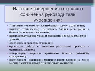 На этапе завершения итогового
сочинения руководитель
учреждения:
• Принимает у членов комиссии бланки итогового сочинения;
• передает техническому специалисту бланки регистрации и
бланки записи для копирования;
• контролирует передачу копий бланков на проверку комиссии
(5 дней);
• обеспечивает проверку сочинений;
• организует работу по внесению результатов проверки в
оригиналы бланков;
• контролирует передачу оригиналов бланков районному
координатору;
• обеспечивает безопасное хранение копий бланков не менее
месяца с момента проведения итогового сочинения.
 