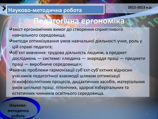 Кобзарєва Т.Е. 13
2012-2013 н.р.
Науково-методична роботаНауково-методична робота
Педагогічна ергономіка
Науково-
методична
робота
зміст ергономічних вимог до створення сприятливого
навчального середовища;
методи оптимізування умов навчальної діяльності учня, роль у
цій справі педагога;
об’єкт вивчення: трудова діяльність людини, а предмет
досліджень — системи: «людина — знаряддя праці — предмети
праці — виробниче середовище»;
вивчає проблеми гармонізації суб’єкт-суб’єктних відносин
учасників педагогічної взаємодії шляхом оптимізації
психофізіологічних процесів, дидактичних засобів, матеріальних
умов шкільної праці, гігієнічних, здоров’язберігальних та
естетичних чинників освітнього середовища.
 