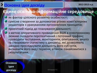 16Кобзарєва Т.Е.
2012-2013 н.р.
Основна ідея досвідуОсновна ідея досвіду
Єдине освітньо-інформаційне середовище
Основна
ідея
досвіду
як фактор цілісного розвитку особистості;
сумісне створення за допомогою різних комп'ютерних
редакторів з урахуванням ергономічних принципів;
проектний підхід до планування діяльності;
з метою оперативного проведення ВШK в електронному
режимі складати перспективний і поточний графіки;
проводити тестування, моніторинги, опитування, аналіз
та створювати статистику у динаміці, які дозволяють
швидко прослідкувати діяльність його суб'єктів,
визначити його вид і терміни, а також ознайомитися з
результатами.
 