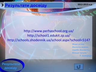 Кобзарєва Т.Е. 23
http://www.perhaschool.org.ua/
http://school1.edukit.zp.ua/
http://schools.shodennik.ua/school.aspx?school=5147
2012-2013 н.р.
Результати досвідуРезультати досвіду
Результати
досвіду
Якщо успіху
досягти важко,
треба докласти
більше зусиль"
П. Бомарше
 
