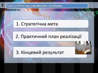 2012-2013 н.р.
1. Стратегічна мета
2. Практичний план реалізації
3. Кінцевий результат
 