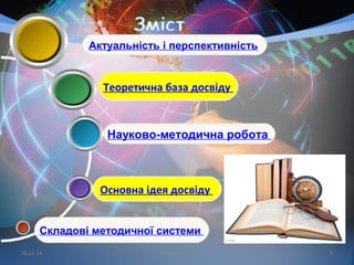 16.11.14
Складові методичної системи
Основна ідея досвіду
Науково-методична робота
Теоретична база досвіду
Актуальність і перспективність
5Кобзарєва Т.Е.
 
