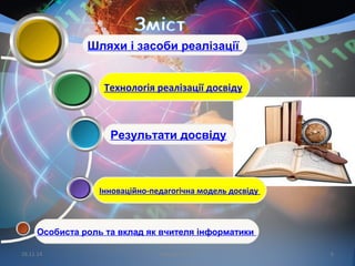 16.11.14
Особиста роль та вклад як вчителя інформатики
Інноваційно-педагогічна модель досвіду
Результати досвіду
Технологія реалізації досвіду
Шляхи і засоби реалізації
6Кобзарєва Т.Е.
 