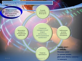 16.11.14
Актуальність проблемиАктуальність проблеми
Обґрунтування
актуальності досвіду,
його практична
значимість
Скажи мені –
і я забуду.
Покажи мені –
і я запам'ятаю.
Дай мені діяти самому –
і я навчуся.
2012-2013 н.р.
7Кобзарєва Т.Е.
 