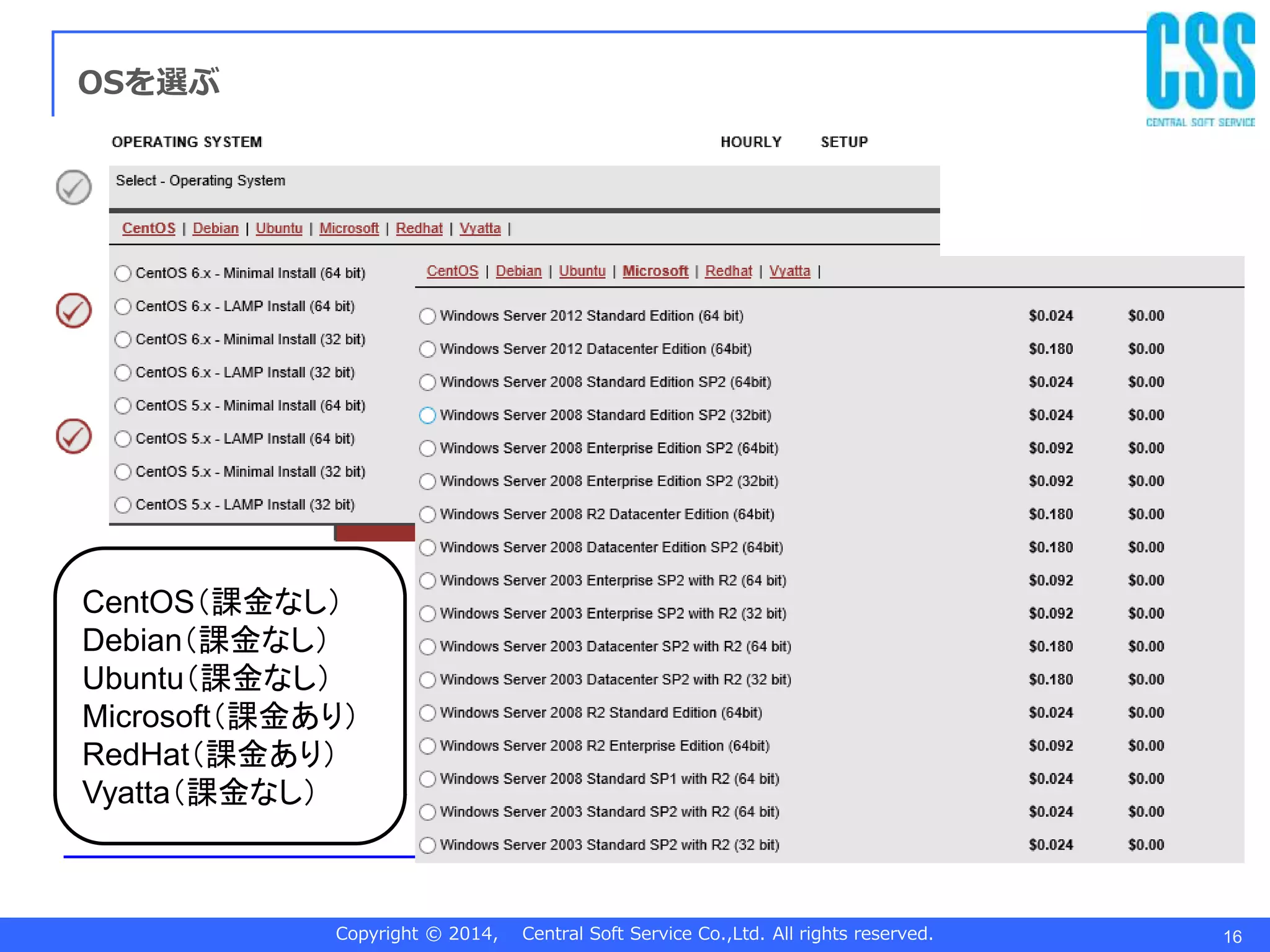 Copyright © 2014, Central Soft Service Co.,Ltd. All rights reserved. 16
OSを選ぶ
CentOS（課金なし）
Debian（課金なし）
Ubuntu（課金なし）
Microsoft（課金あり）
RedHat（課金あり）
Vyatta（課金なし）
 