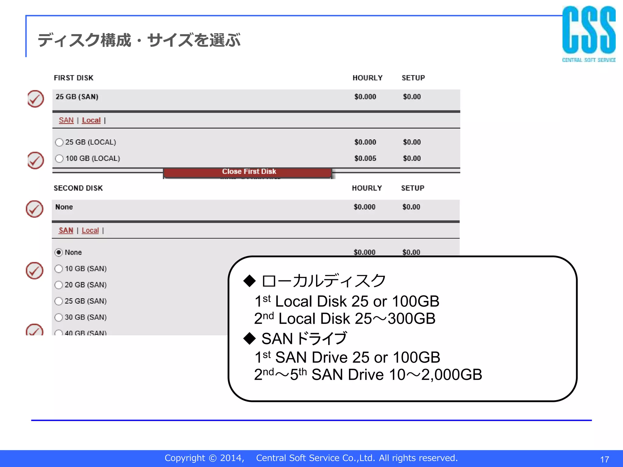 Copyright © 2014, Central Soft Service Co.,Ltd. All rights reserved. 17
ディスク構成・サイズを選ぶ
 ローカルディスク
1st Local Disk 25 or 100GB
2nd Local Disk 25～300GB
 SAN ドライブ
1st SAN Drive 25 or 100GB
2nd～5th SAN Drive 10～2,000GB
 