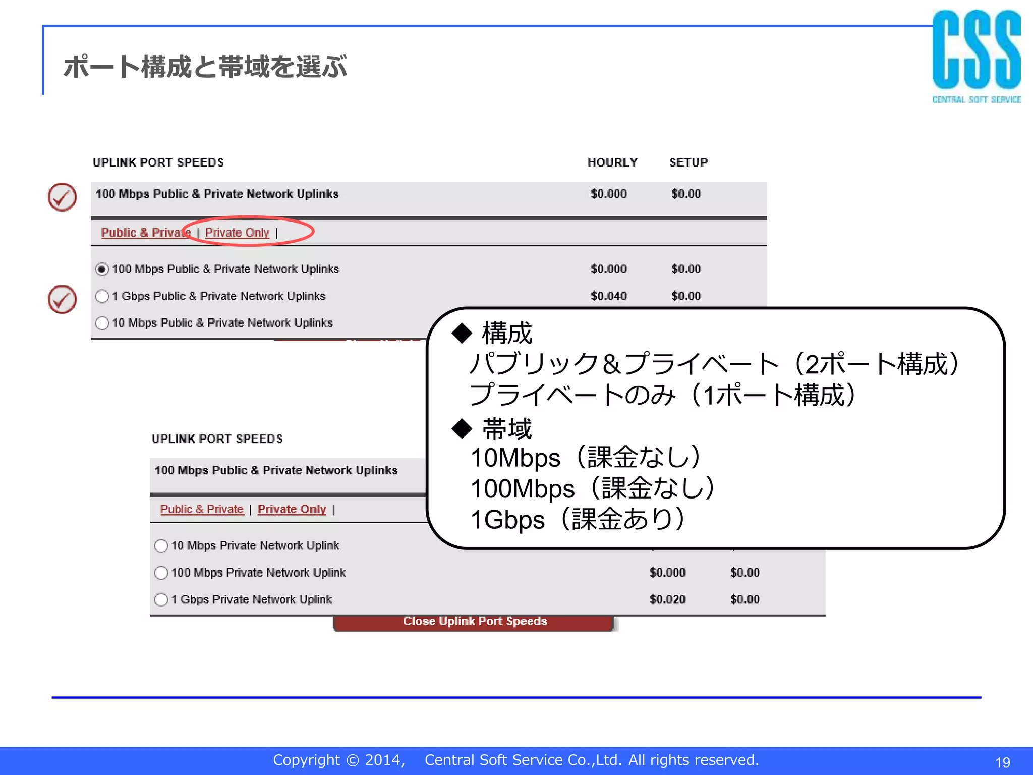 Copyright © 2014, Central Soft Service Co.,Ltd. All rights reserved. 19
ポート構成と帯域を選ぶ
 構成
パブリック＆プライベート（2ポート構成）
プライベートのみ（1ポート構成）
 帯域
10Mbps（課金なし）
100Mbps（課金なし）
1Gbps（課金あり）
 