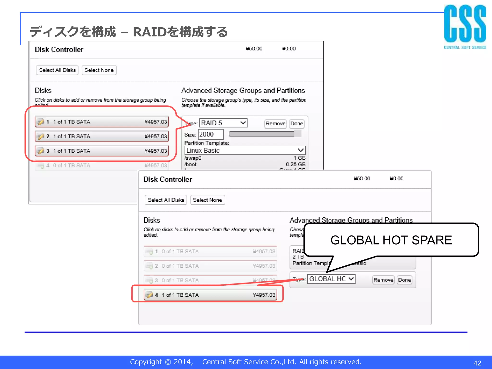 Copyright © 2014, Central Soft Service Co.,Ltd. All rights reserved. 42
ディスクを構成 – RAIDを構成する
GLOBAL HOT SPARE
 