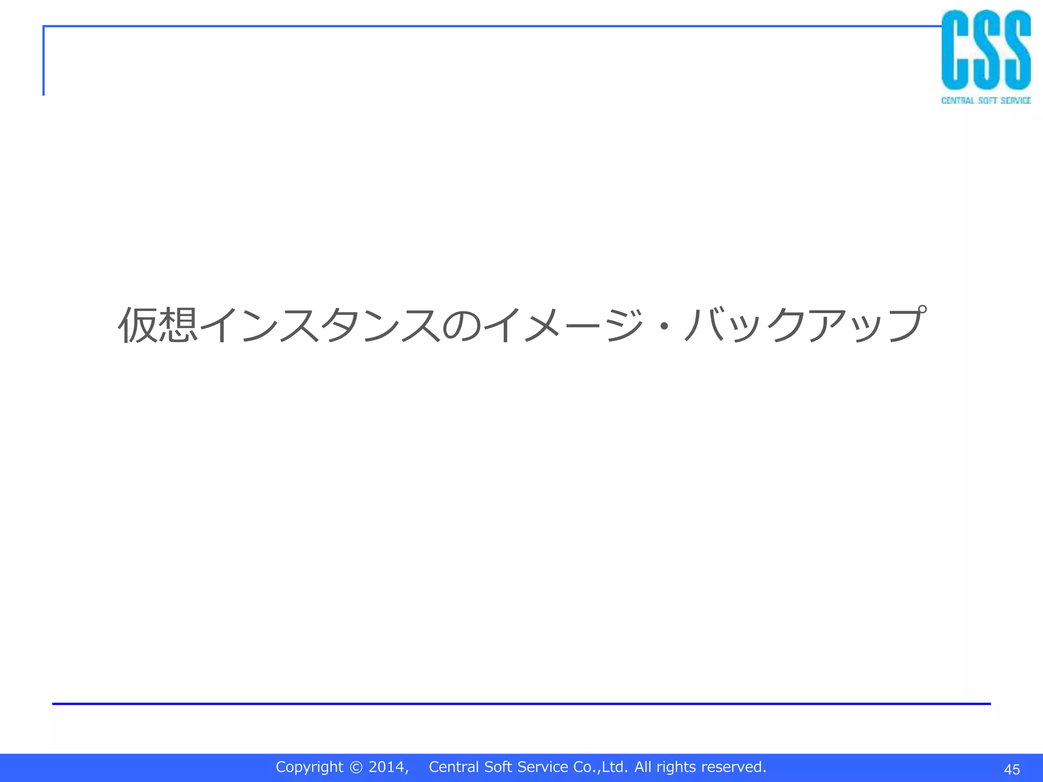 Copyright © 2014, Central Soft Service Co.,Ltd. All rights reserved.
仮想インスタンスのイメージ・バックアップ
45
 