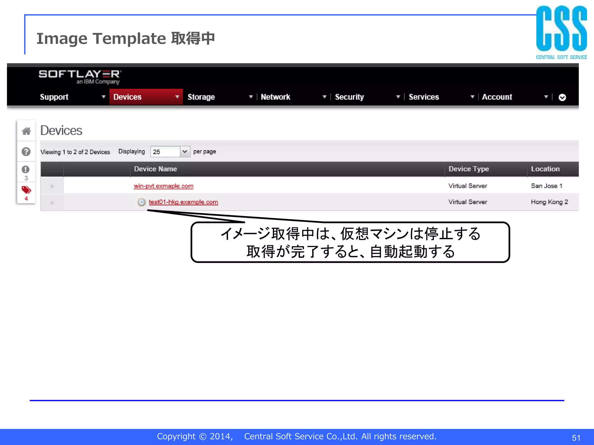 Copyright © 2014, Central Soft Service Co.,Ltd. All rights reserved. 51
Image Template 取得中
イメージ取得中は、仮想マシンは停止する
取得が完了すると、自動起動する
 