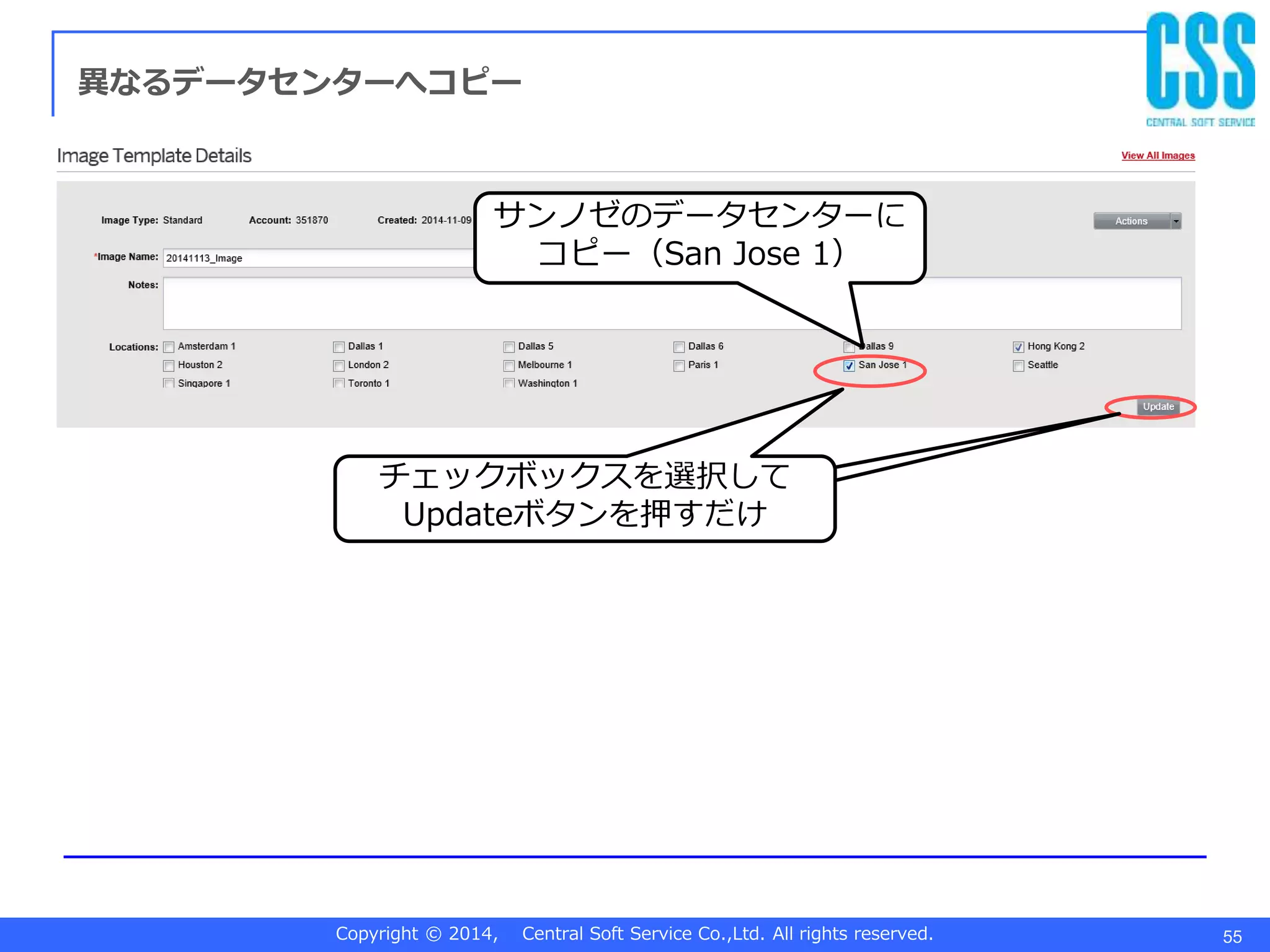 Copyright © 2014, Central Soft Service Co.,Ltd. All rights reserved. 55
異なるデータセンターへコピー
チェックボックスを選択
して
チェックボックスを選択して
Updateボタンを押すだけ
サンノゼのデータセンターに
コピー（San Jose 1）
 
