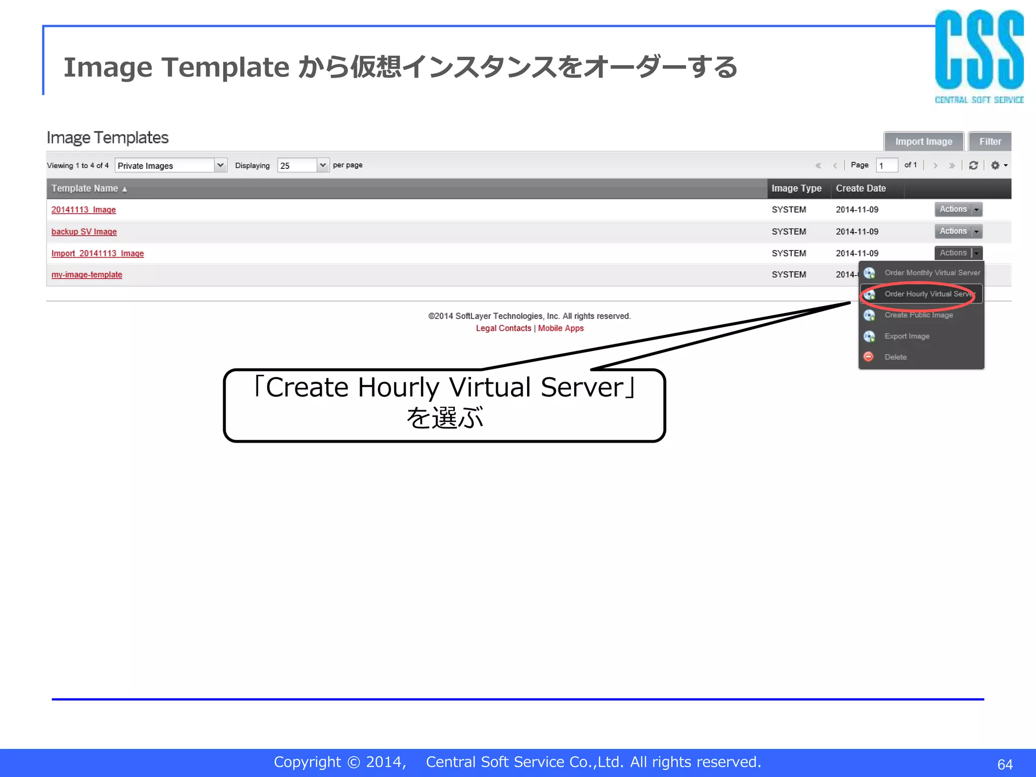 Copyright © 2014, Central Soft Service Co.,Ltd. All rights reserved. 64
Image Template から仮想インスタンスをオーダーする
「Create Hourly Virtual Server」
を選ぶ
 